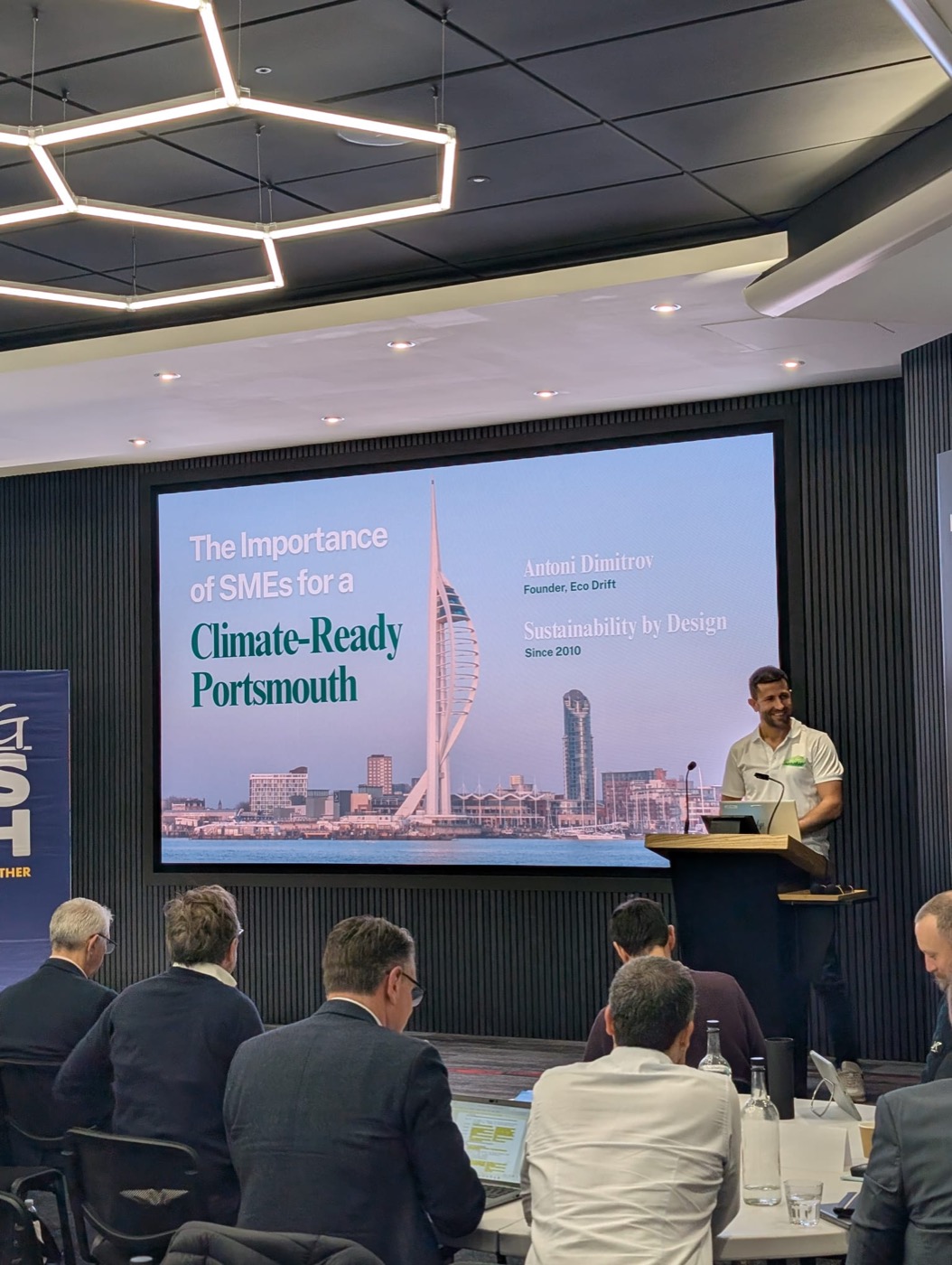 Antoni Dimitrov presenting 'The Importance of SMEs for a Climate-Ready Portsmouth' at the Climate Ready Portsmouth event, November 2025