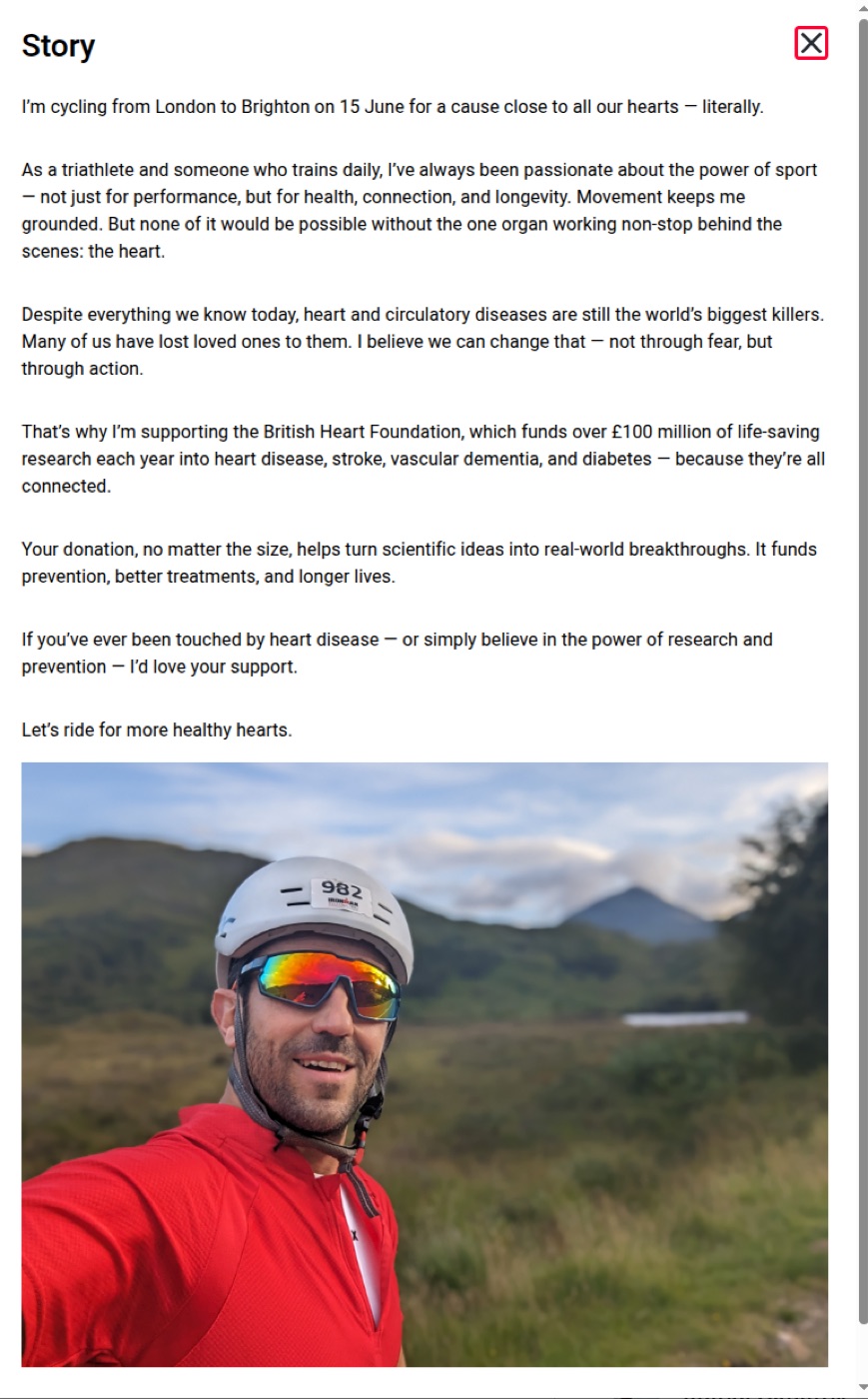 Antoni Dimitrov's London to Brighton bike ride fundraising page for the British Heart Foundation